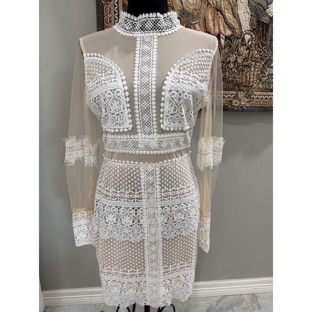 Lulumari‎ Dress Womens Small White Lace Sheath Long Sleeve High Neck Wedding